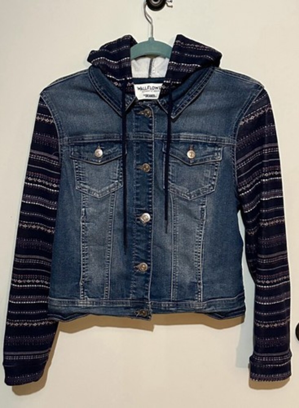 Wallflower Womens Large L Denim Jean Jacket Blue Mixed Media Knit Sleeve Hooded